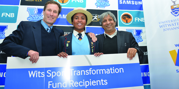 Bursary recipient Sisipho Magwaza is flanked by Adrian Carter, Head of Wits Sport and Professor Adam Habib, Wits Vice-Chancellor and Principal